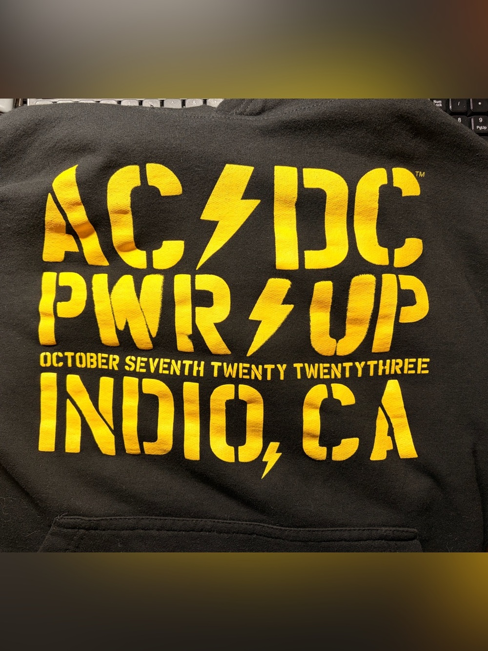 AC/DC PWR UP Indio CA Black Hoodie SMALL - Yellow Logo 2023 Tour *RARE*